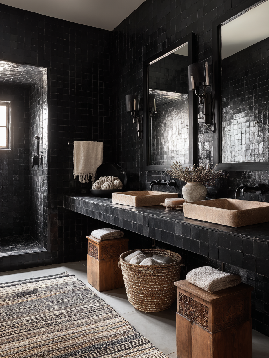🛁 Black Bathroom Design Tips 🖤 Matte Fixtures, Zellige Tiles & Moroccan Style