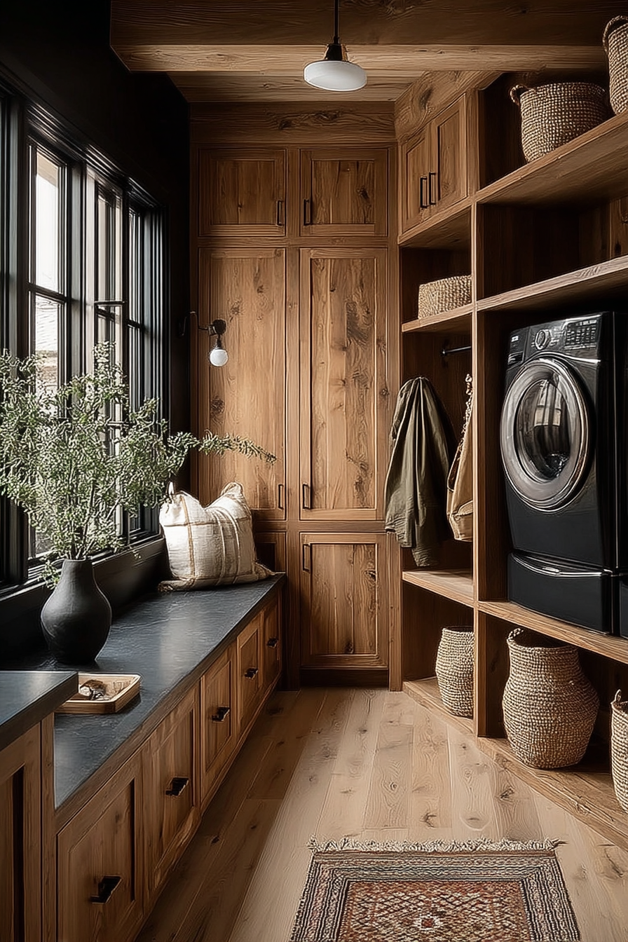 Modern Rustic Farmhouse Design: Black Marble, Warm Wood, and Timeless Elegance